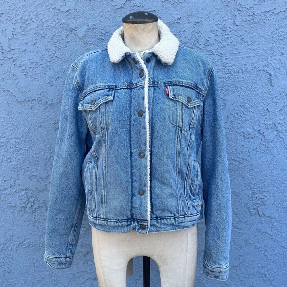 Levi's Sherpa Jacket Denim Jean Trucker Women's Size S/M Marked XL